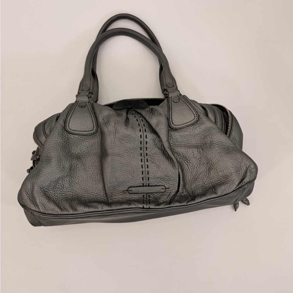 Cole Haan Silver Pebbled Leather Satchel Shoulder Bag Double Handle Zip Top - Picture 8 of 16